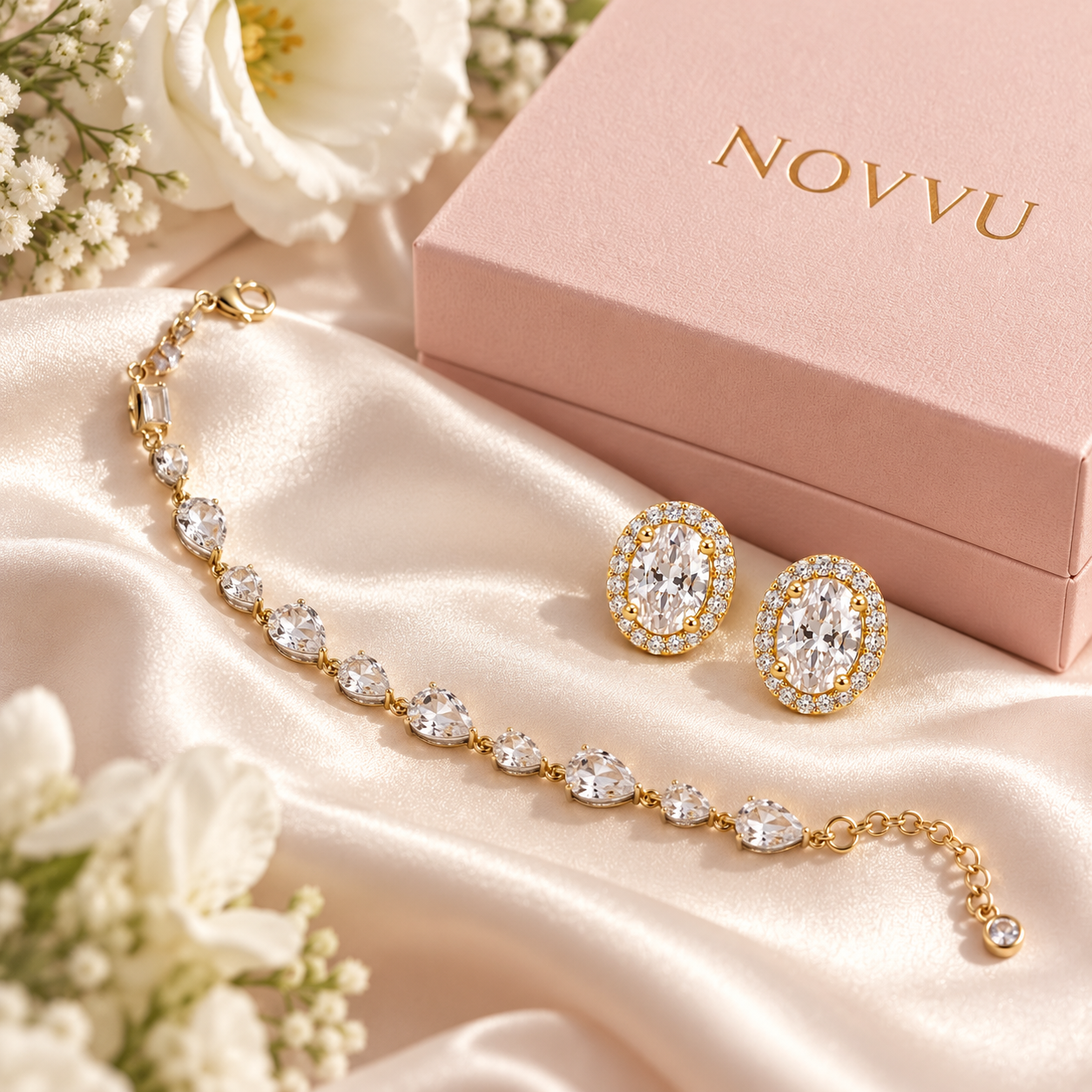 Cele două bijuterii Love & Opaline Gold, pe satin, alături de cutia NOVVU