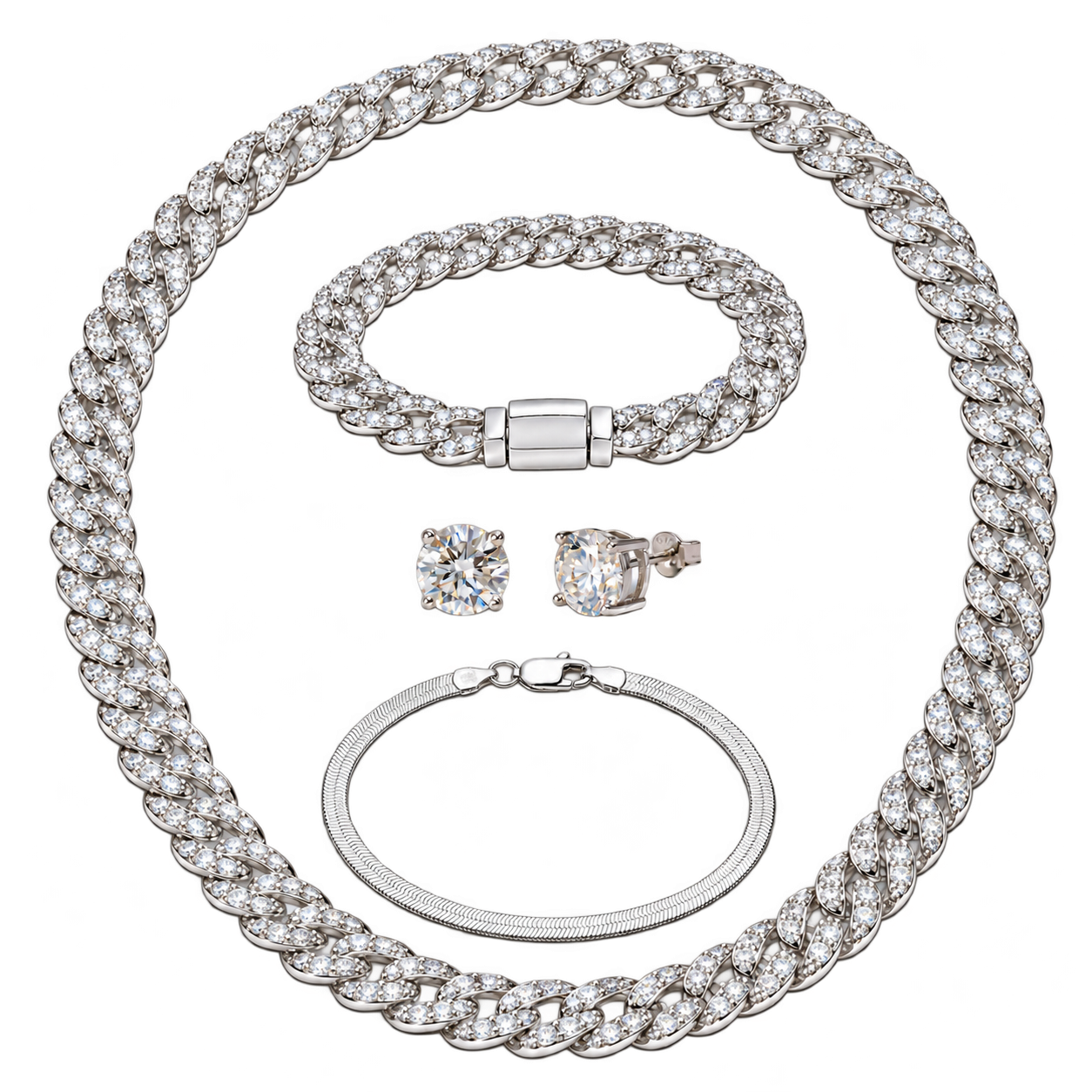 Set Cuban Silver Deluxe: colier Cuban, brățară Cuban, cercei Tennis 6MM și brățară Snake