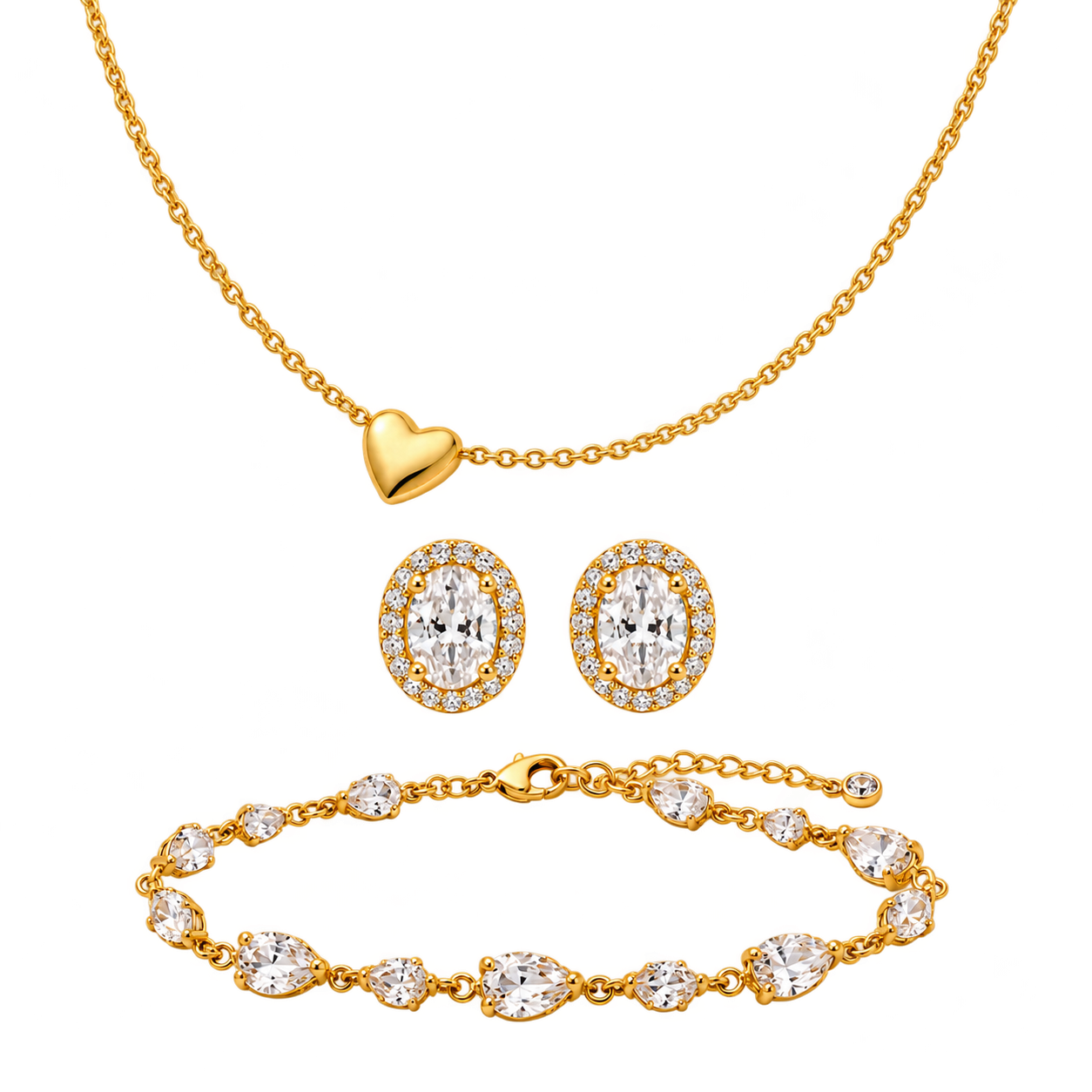 Set Love Gold Trio: colier Inimă, brățară Love și cercei Opaline
