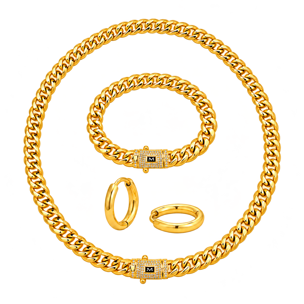 Set Monaco Gold 8MM Trio: colier Monaco 8MM, brățară Monaco 8MM și cercei Novvu Gold