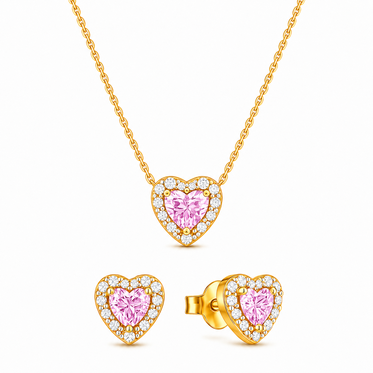 Set bijuterii Colier si Cercei Pink Heart cu Aur