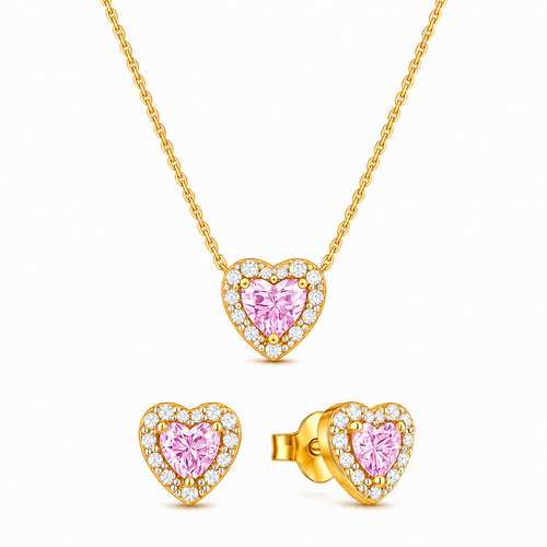 Set bijuterii Colier si Cercei Pink Heart cu Aur