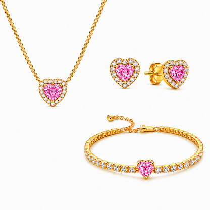 Set bijuterii Cercei,Bratara si Colier Pink Heart Cu Aur
