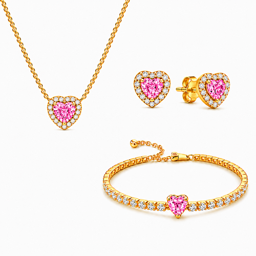 Set bijuterii Cercei,Bratara si Colier Pink Heart Cu Aur
