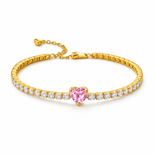 Bratara Tennis Pink Heart Gold Cu Aur