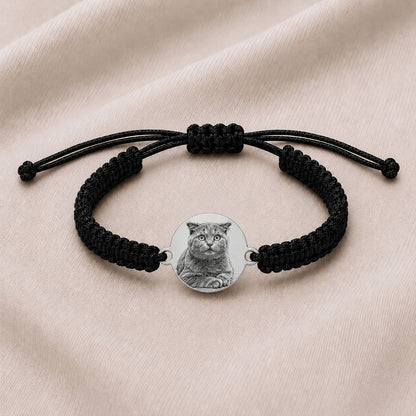 Bratara Neagra Personalizata Pisica cu Argint