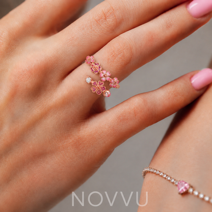 Inel Pink Flowers cu Argint Reglabil