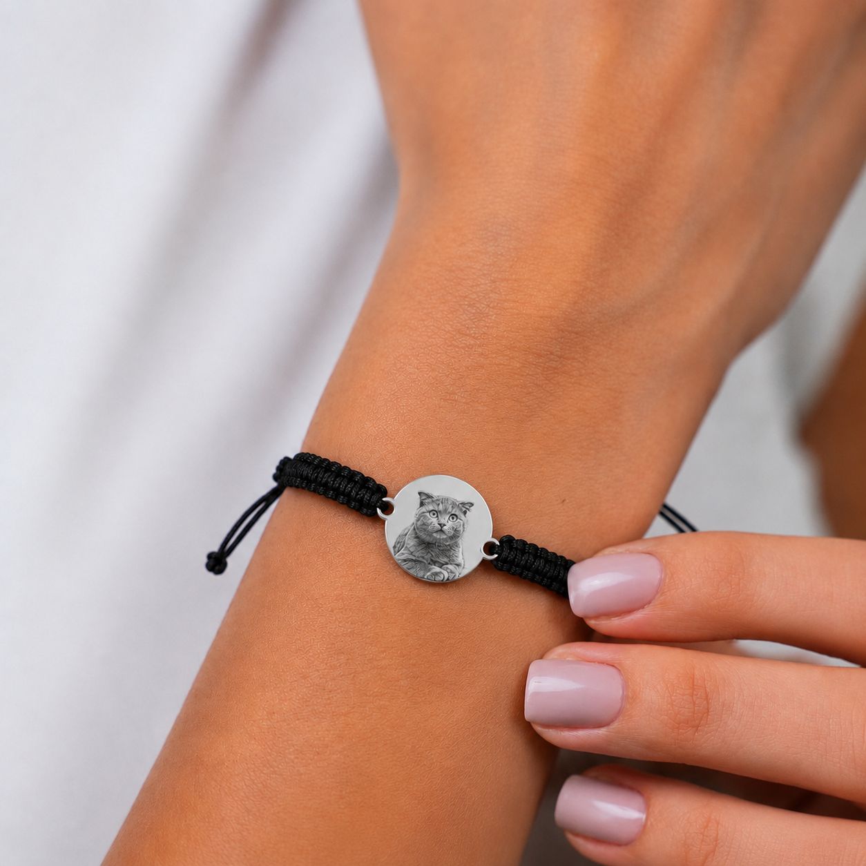 Bratara Neagra Personalizata Pisica cu Argint