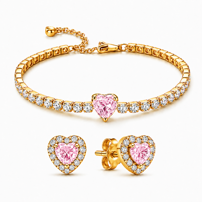 Set bijuterii Cercei si Bratara Pink Heart Cu Aur