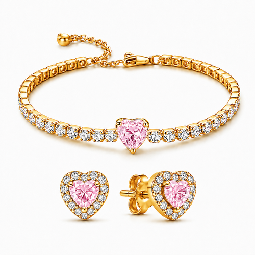 Set bijuterii Cercei si Bratara Pink Heart Cu Aur