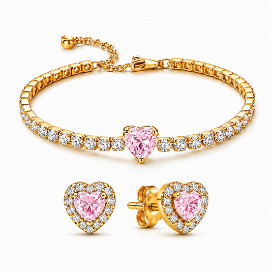 Set bijuterii Cercei si Bratara Pink Heart Cu Aur