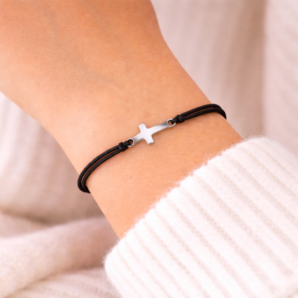 Bratara Cruce Reglabila Neagra cu Argint