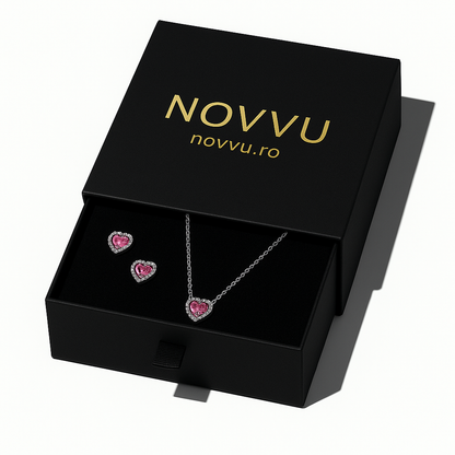 Set de bijuterii Colier si Cercei Pink Heart cu Argint