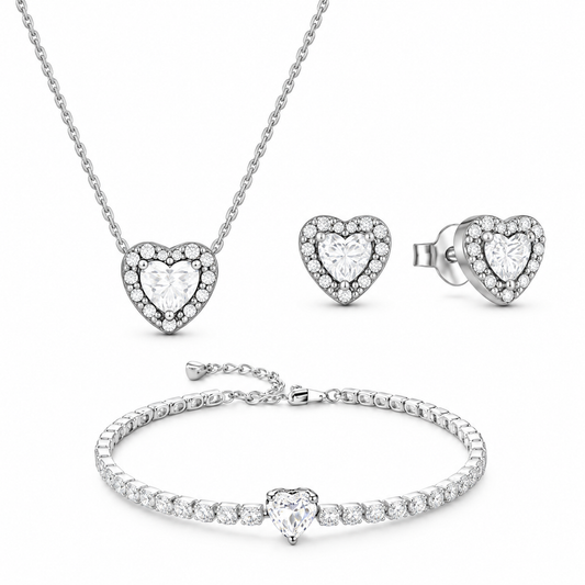 Set bijuterii Colier,Cercei si Bratara White Heart Cu Argint