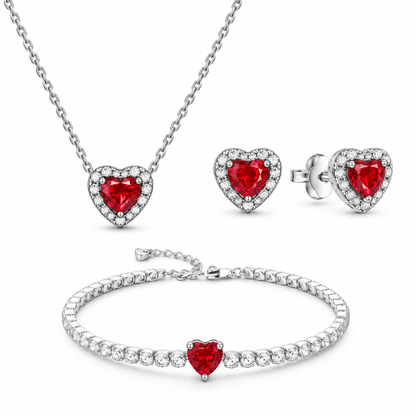 Set bijuterii Colier,Cercei si Bratara Red Heart Cu Argint
