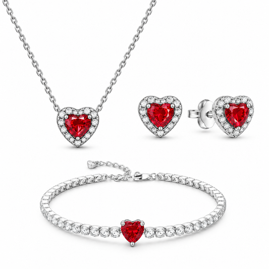 Set bijuterii Colier,Cercei si Bratara Red Heart Cu Argint