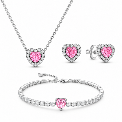 Set bijuterii Colier,Cercei si Bratara Pink Heart Cu Argint