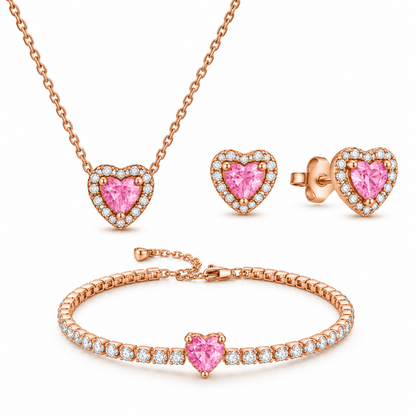 Set bijuterii Colier,Cercei si Bratara Pink Heart Rose Cu Argint