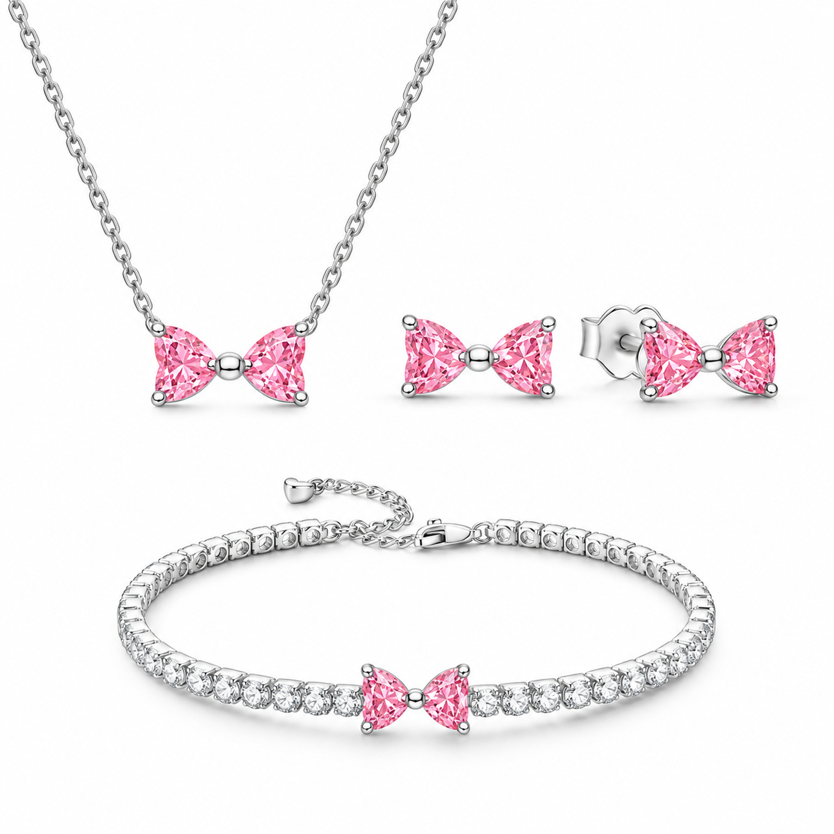 Set bijuterii Bratara,Cercei si Colier Pink Bow Cu Argint