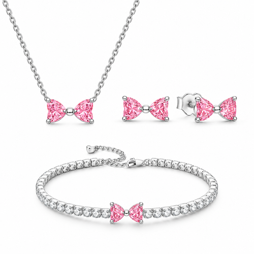 Set bijuterii Bratara,Cercei si Colier Pink Bow Cu Argint