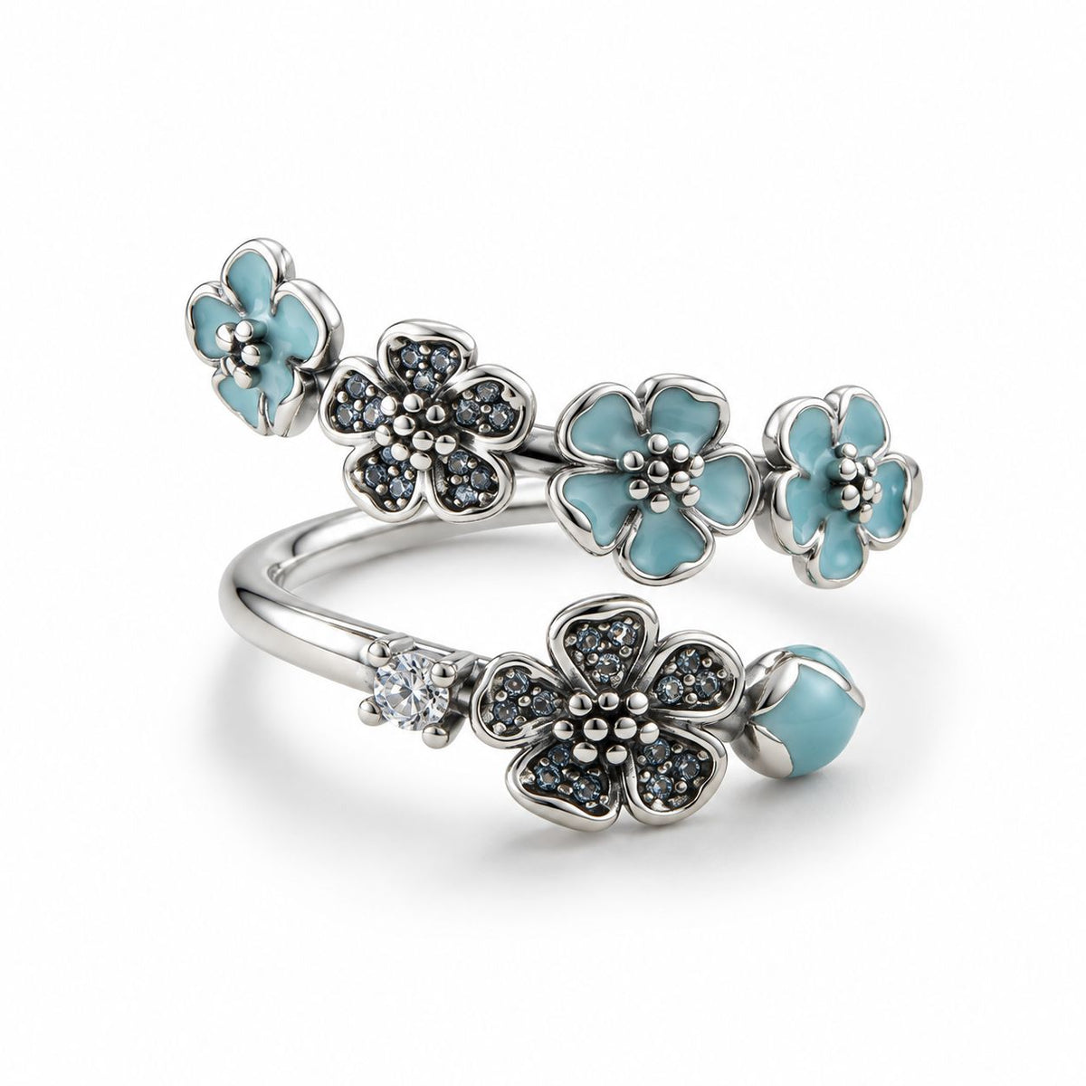 Inel Baby Blue Flowers cu Argint Reglabil