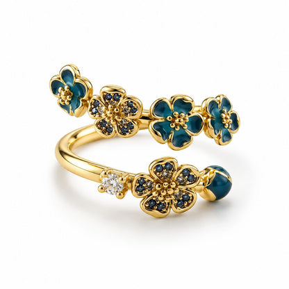Inel Navy Blue Flowers cu Aur Reglabil