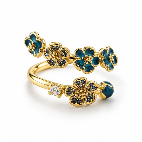 Inel Navy Blue Flowers cu Aur Reglabil