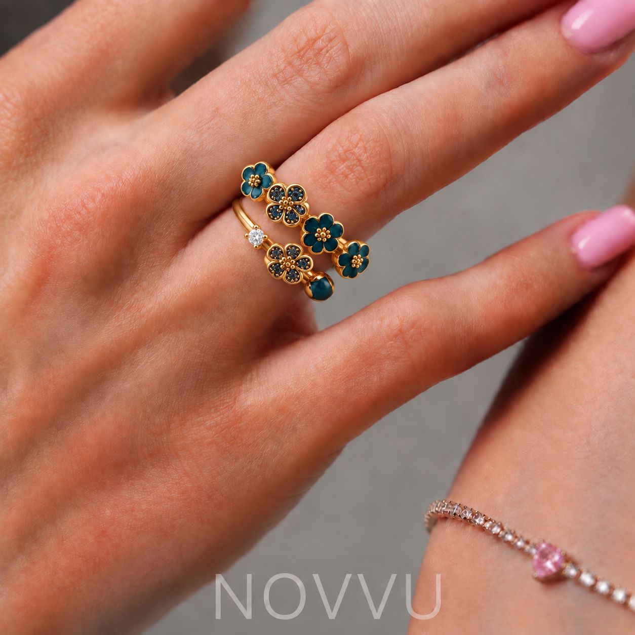 Inel Navy Blue Flowers cu Aur Reglabil