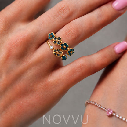 Inel Navy Blue Flowers cu Aur Reglabil
