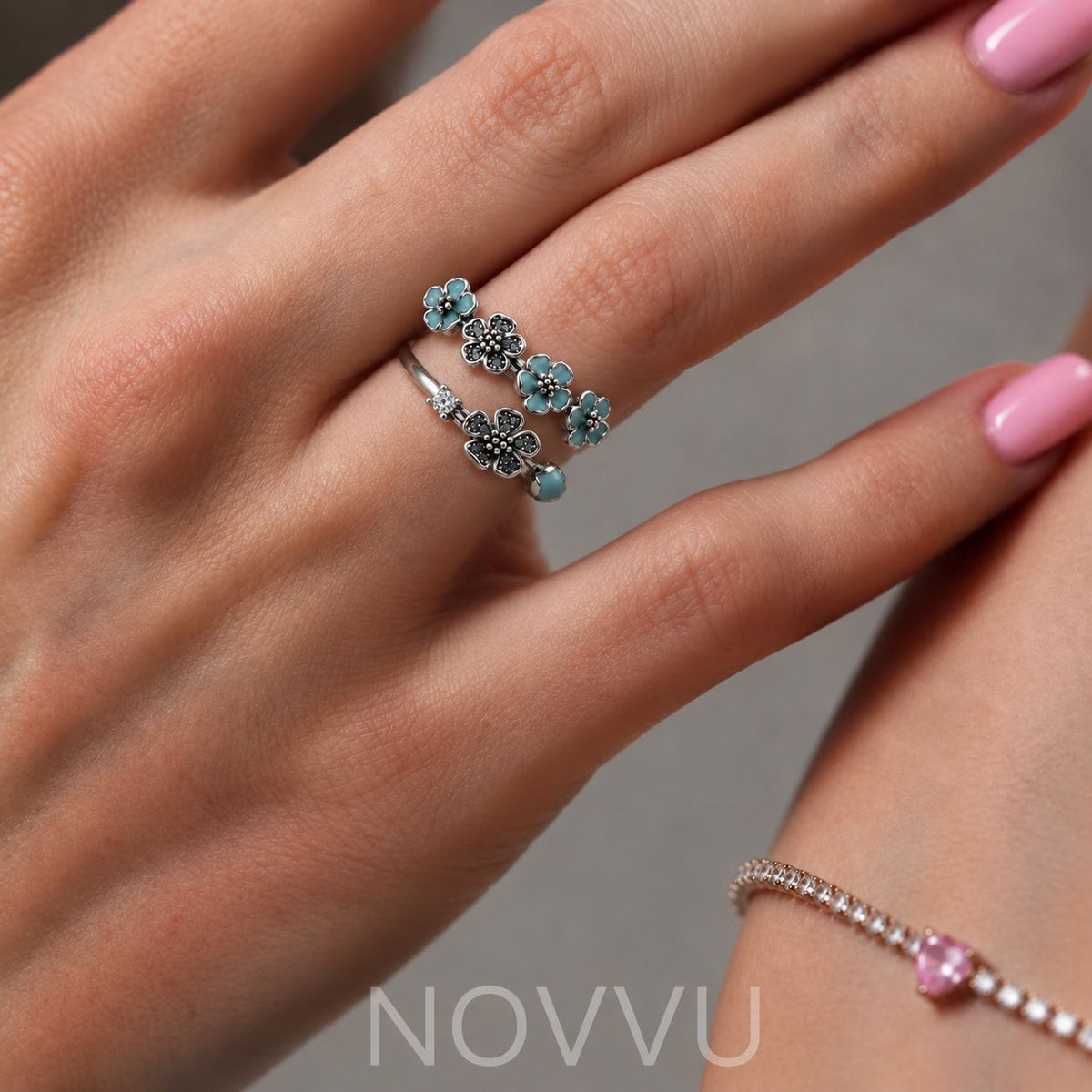 Inel Baby Blue Flowers cu Argint Reglabil