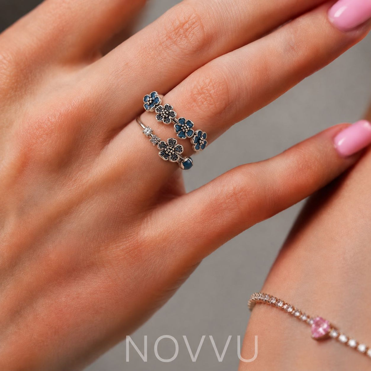 Inel Navy Blue Flowers cu Argint Reglabil