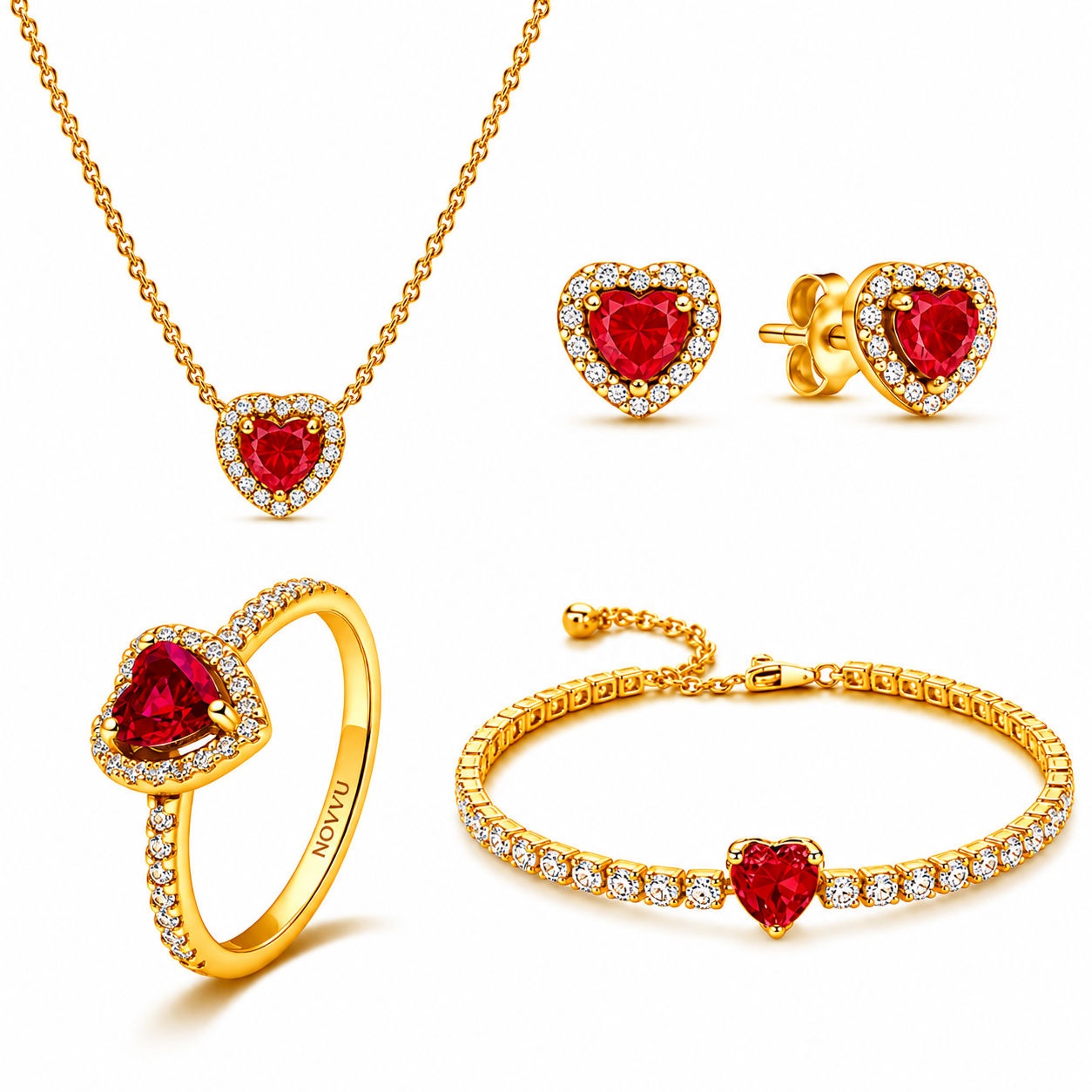 Set bijuterii Inel,Cercei,Bratara si Colier Red Heart Cu Aur