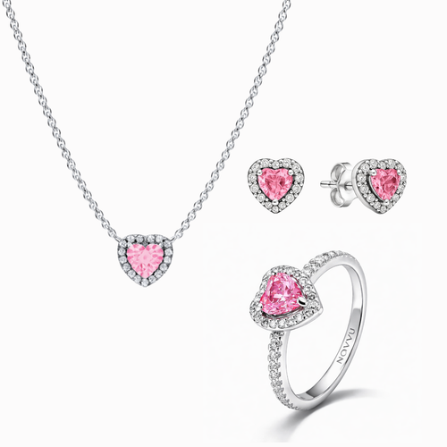 Set bijuterii Inel,Cercei si Colier Pink Heart cu Argint