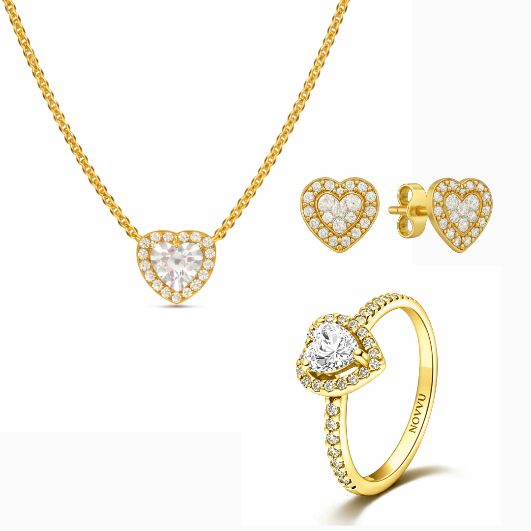 Set bijuterii Inel,Cercei si Colier Gold White Heart Cu Argint