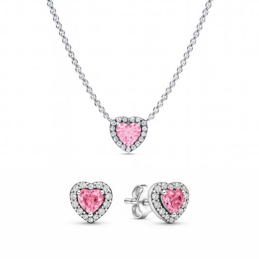 Set de bijuterii Colier si Cercei Pink Heart cu Argint