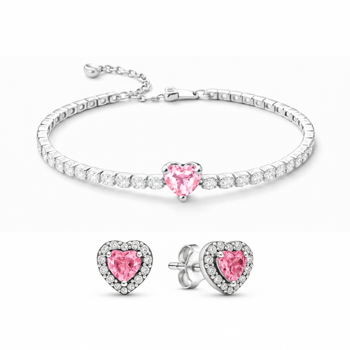 Set bijuterii Cercei si Bratara Pink Heart Cu Argint
