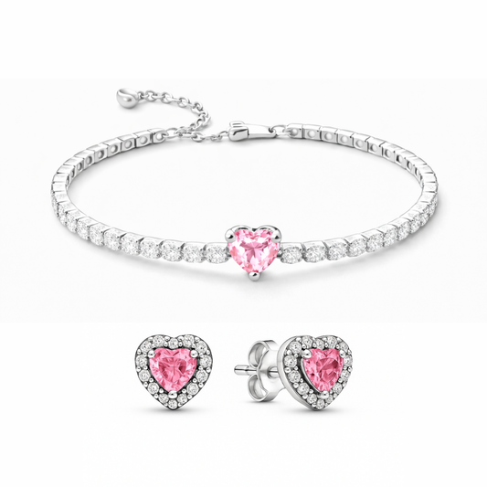 Set bijuterii Cercei si Bratara Pink Heart Cu Argint