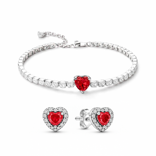 Set bijuterii Cercei si Bratara Red Heart Cu Argint