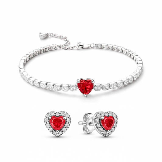Set bijuterii Cercei si Bratara Red Heart Cu Argint
