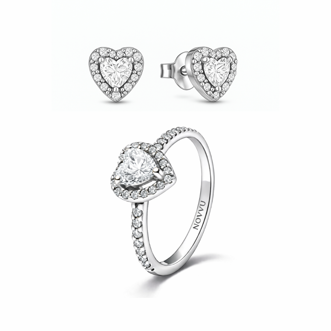 Set bijuterii Inel si Cercei White Heart cu Argint