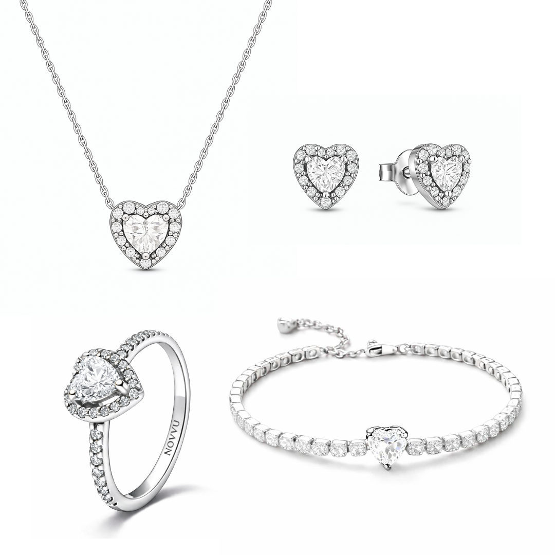 Set bijuterii Inel,Cercei,Bratara si Colier White Heart Cu Argint