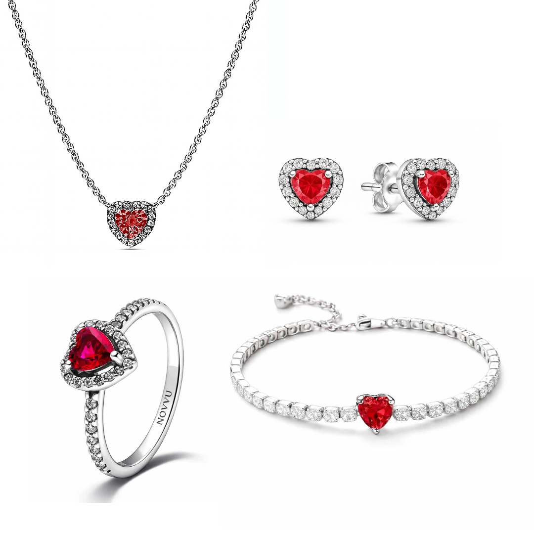 Set bijuterii Inel,Cercei,Bratara si Colier Red Heart Cu Argint