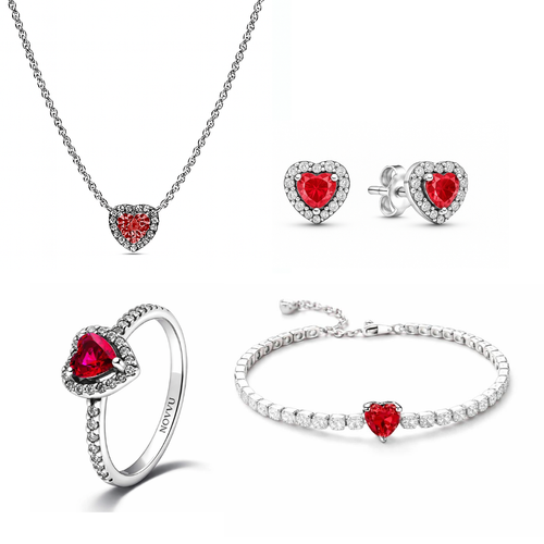 Set bijuterii Inel,Cercei,Bratara si Colier Red Heart Cu Argint