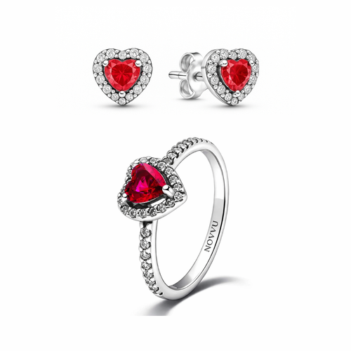 Set bijuterii Inel si Cercei Red Heart cu Argint