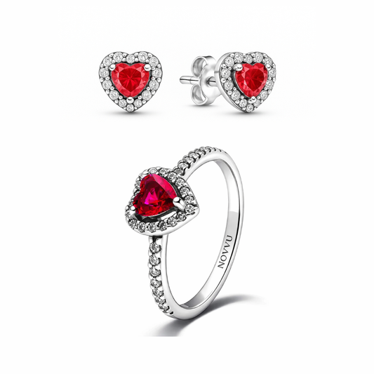 Set bijuterii Inel si Cercei Red Heart cu Argint
