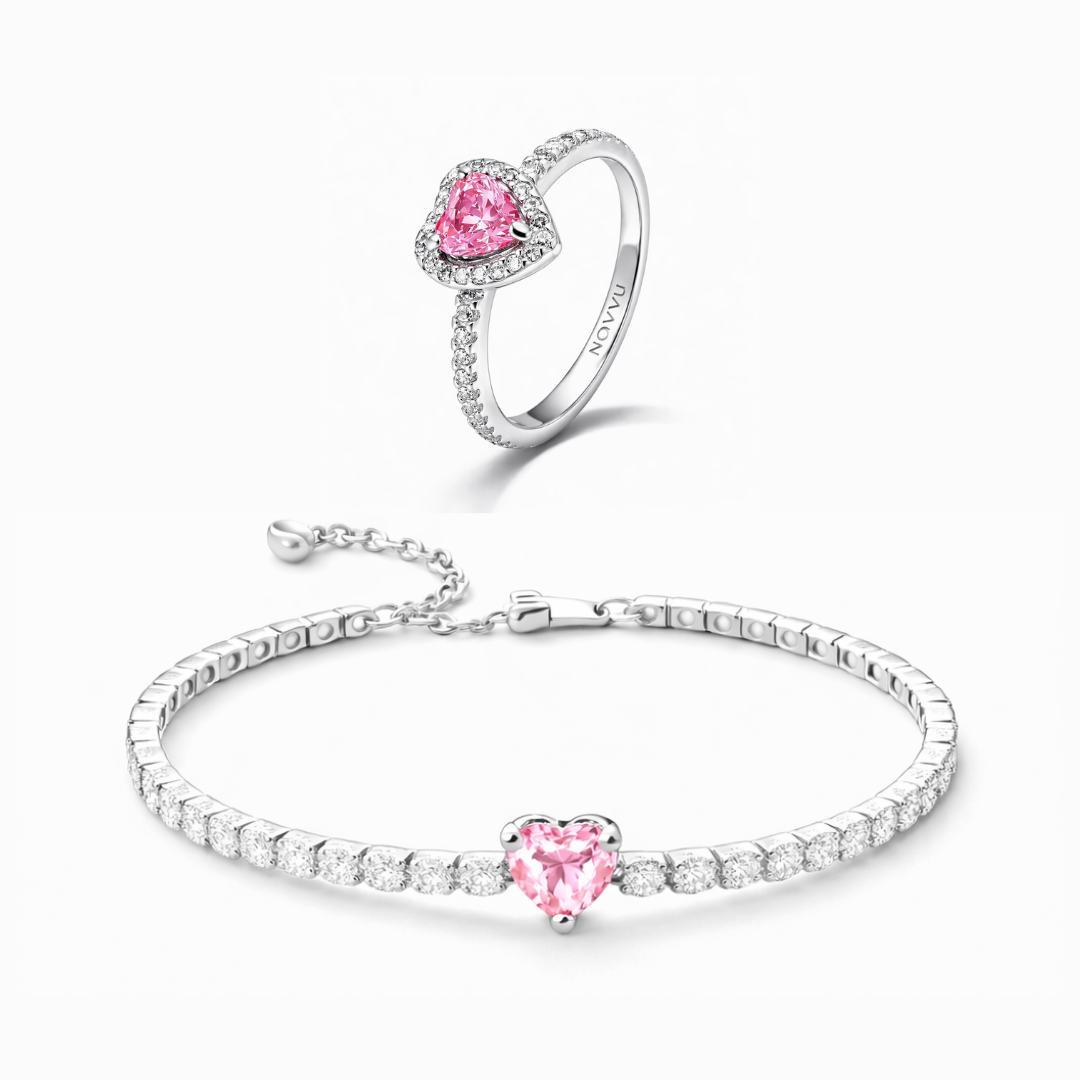 Set bijuterii Inel si Bratara Pink Heart Cu Argint