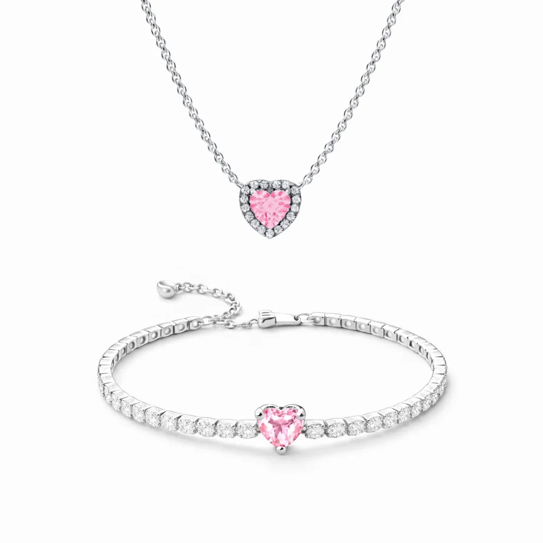 Set bijuterii Colier si Bratara Pink Heart Cu Argint