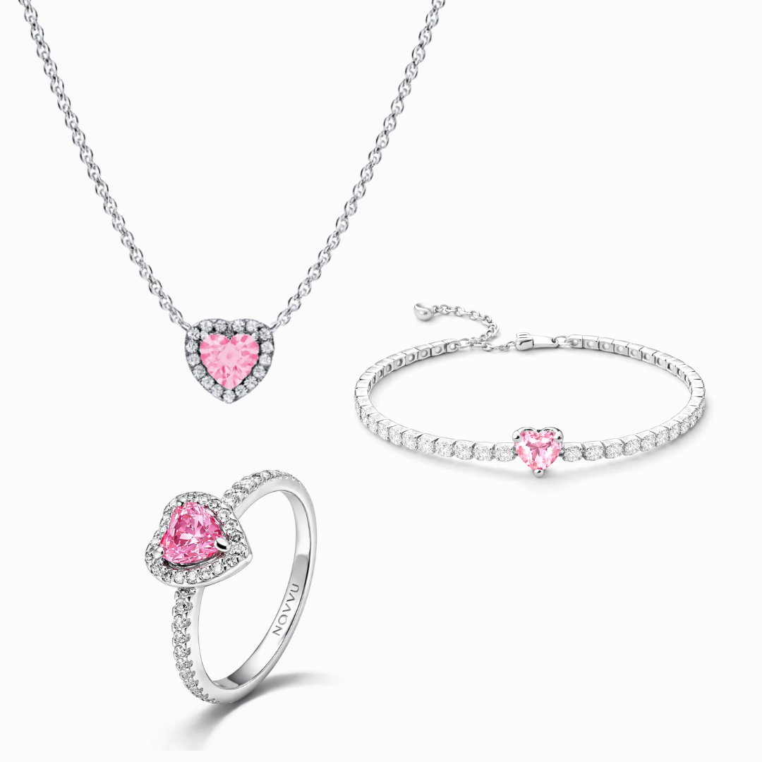 Set bijuterii Inel,Colier si Bratara Pink Heart Cu Argint