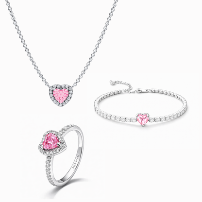 Set bijuterii Inel,Colier si Bratara Pink Heart Cu Argint