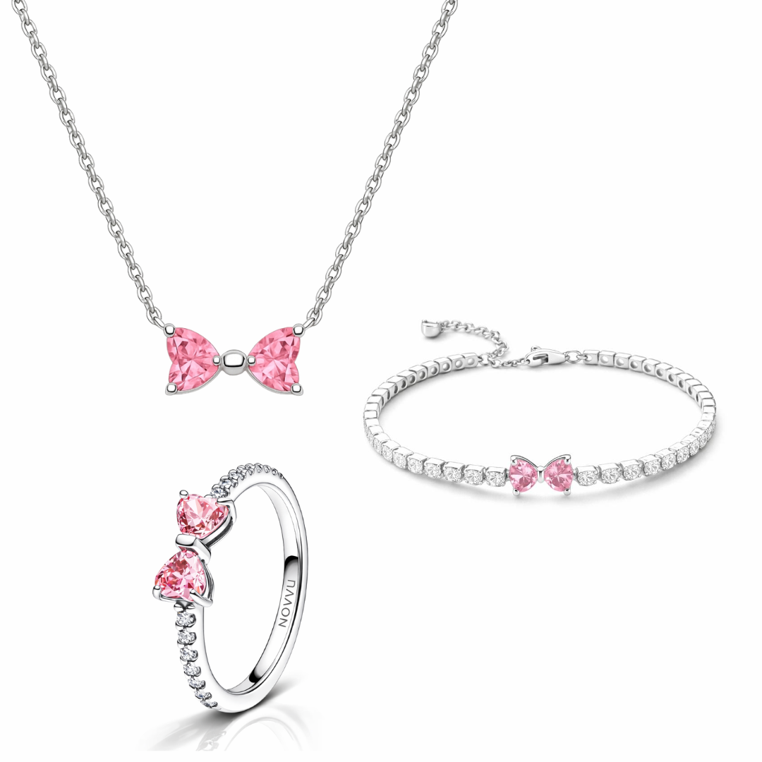 Set bijuterii Inel,Bratara si Colier Pink Bow Cu Argint